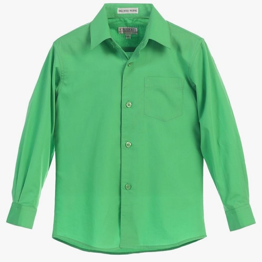 🔸️Green Button Long Sleeve Shirt w/Plaid Pocket Square Handkerchief Youth 14
